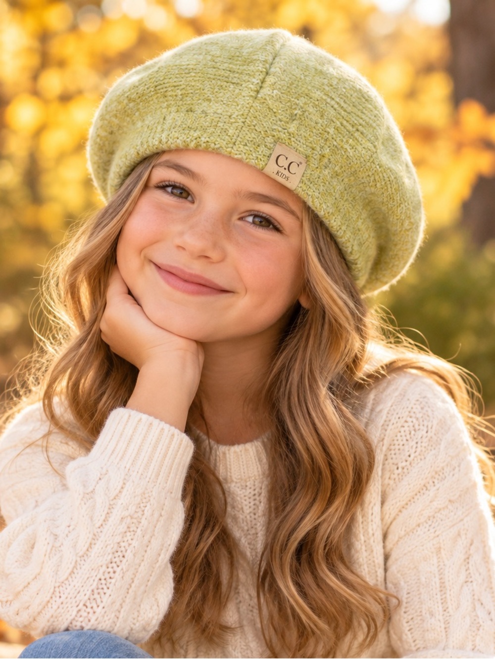 C.C Kids Kiwi Green Knit Beret Hat M/L Recycled Yarn New With Tags